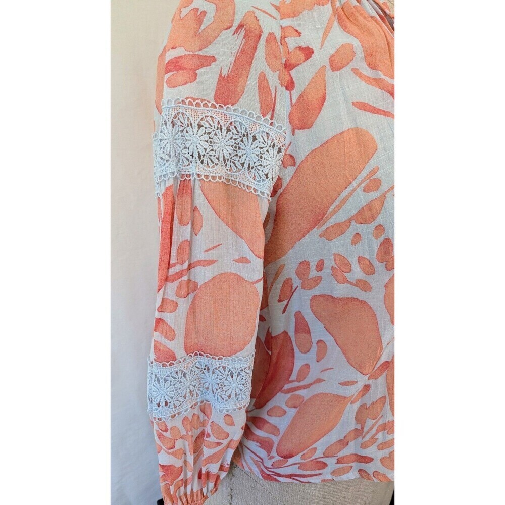 NWT Sharagano Petite M Floral Lace Sleeve Blouse Blue Orange Rayon Blend - Picture 5 of 9